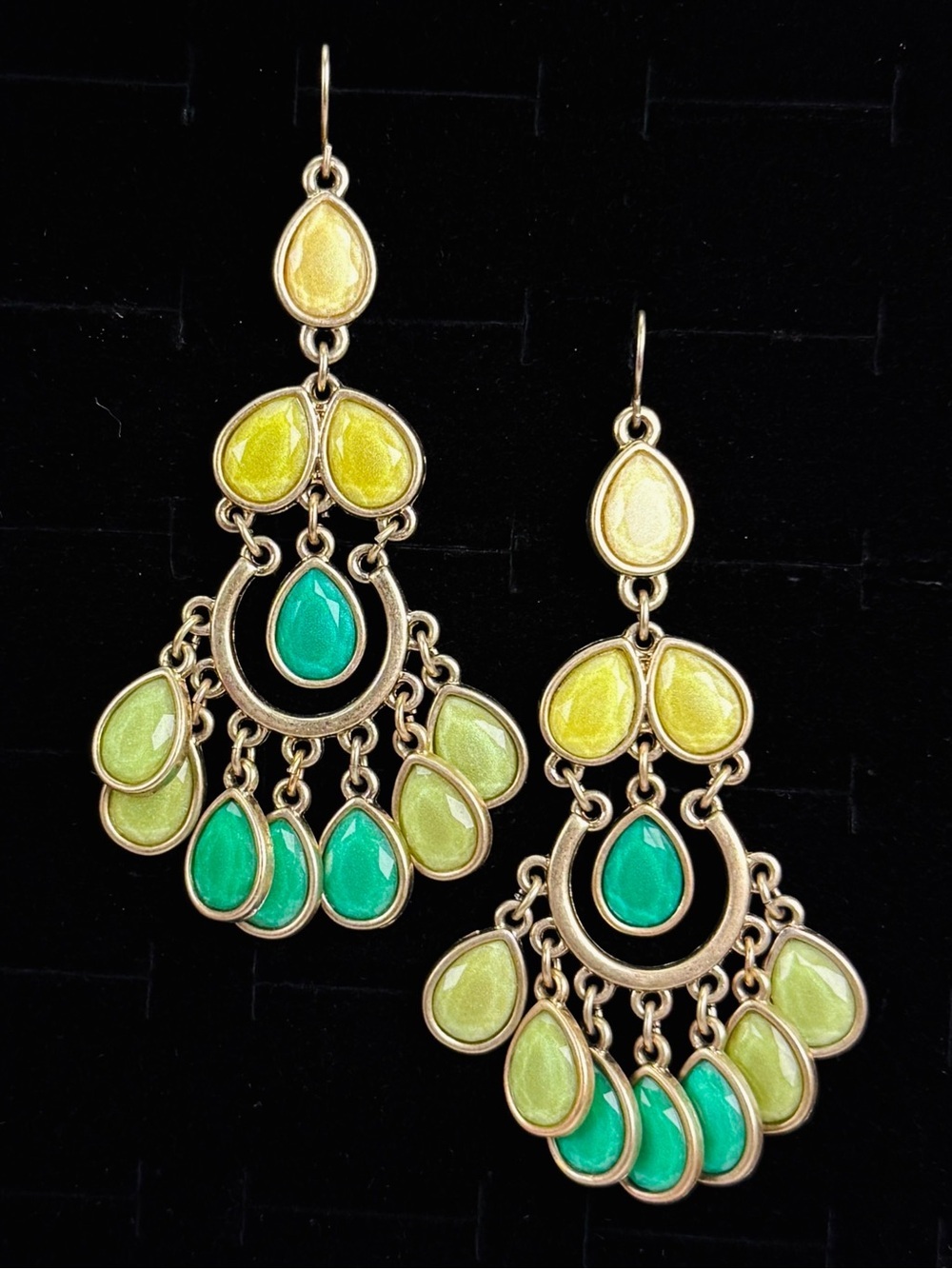 Vintage aged, goldtone, yellow, and green hinged chandelier statement earrings